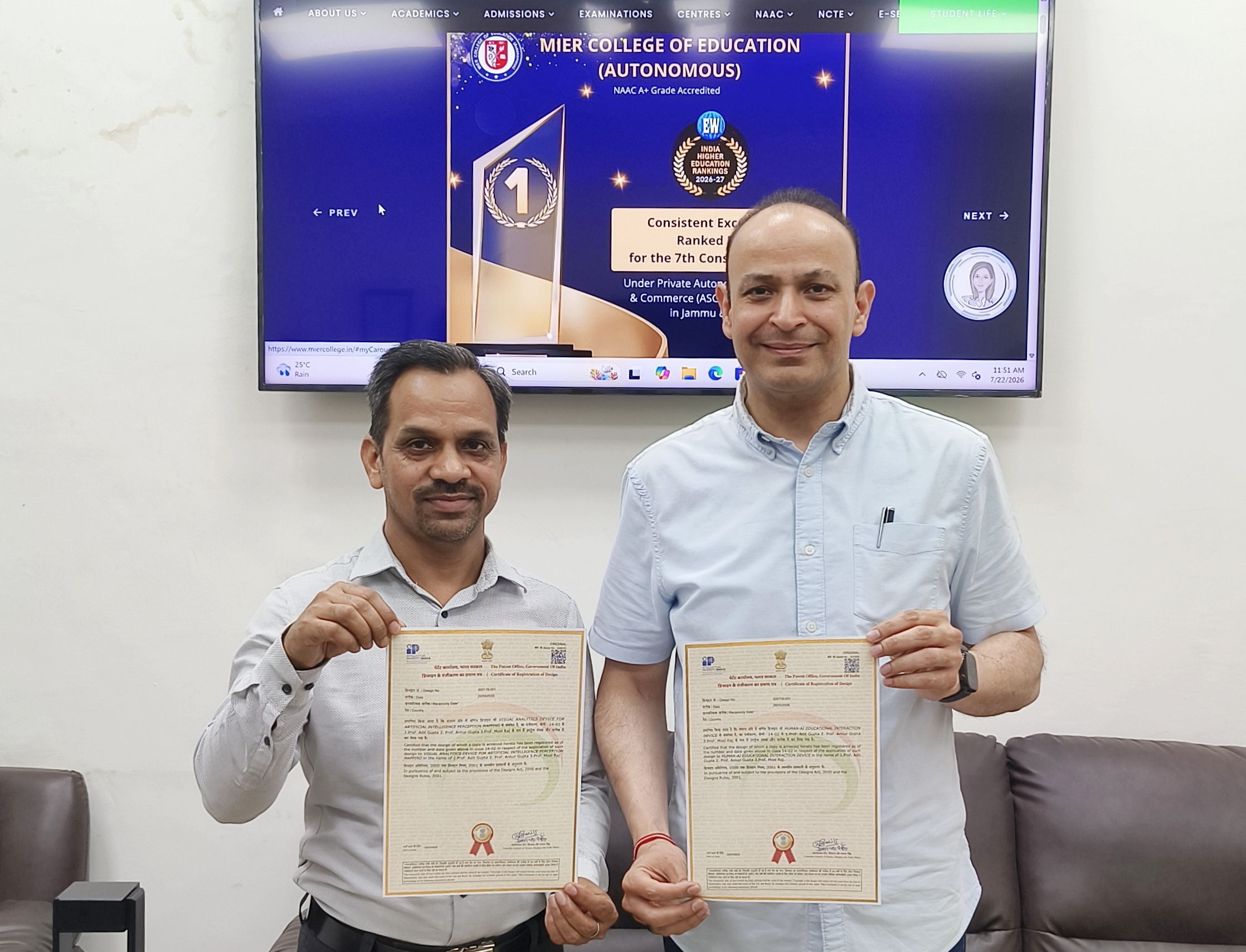 MIER College Faculty secure Two Design Registrations from Indian Patent Office