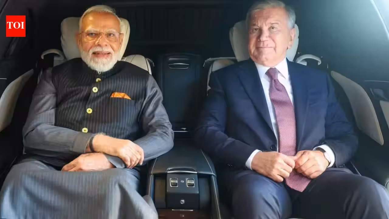 PM Modi received by Uzbek President Mirziyoyev in Tashkent, leaders share car ride | India News PM Modi received by Uzbek President Mirziyoyev in Tashkent, leaders share car ride | India News