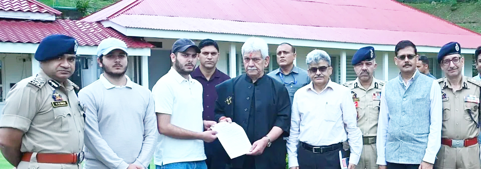 LG Manoj Sinha hands over appointment letter to son of police constable killed in Anantnag LG Manoj Sinha hands over appointment letter to son of police constable killed in Anantnag