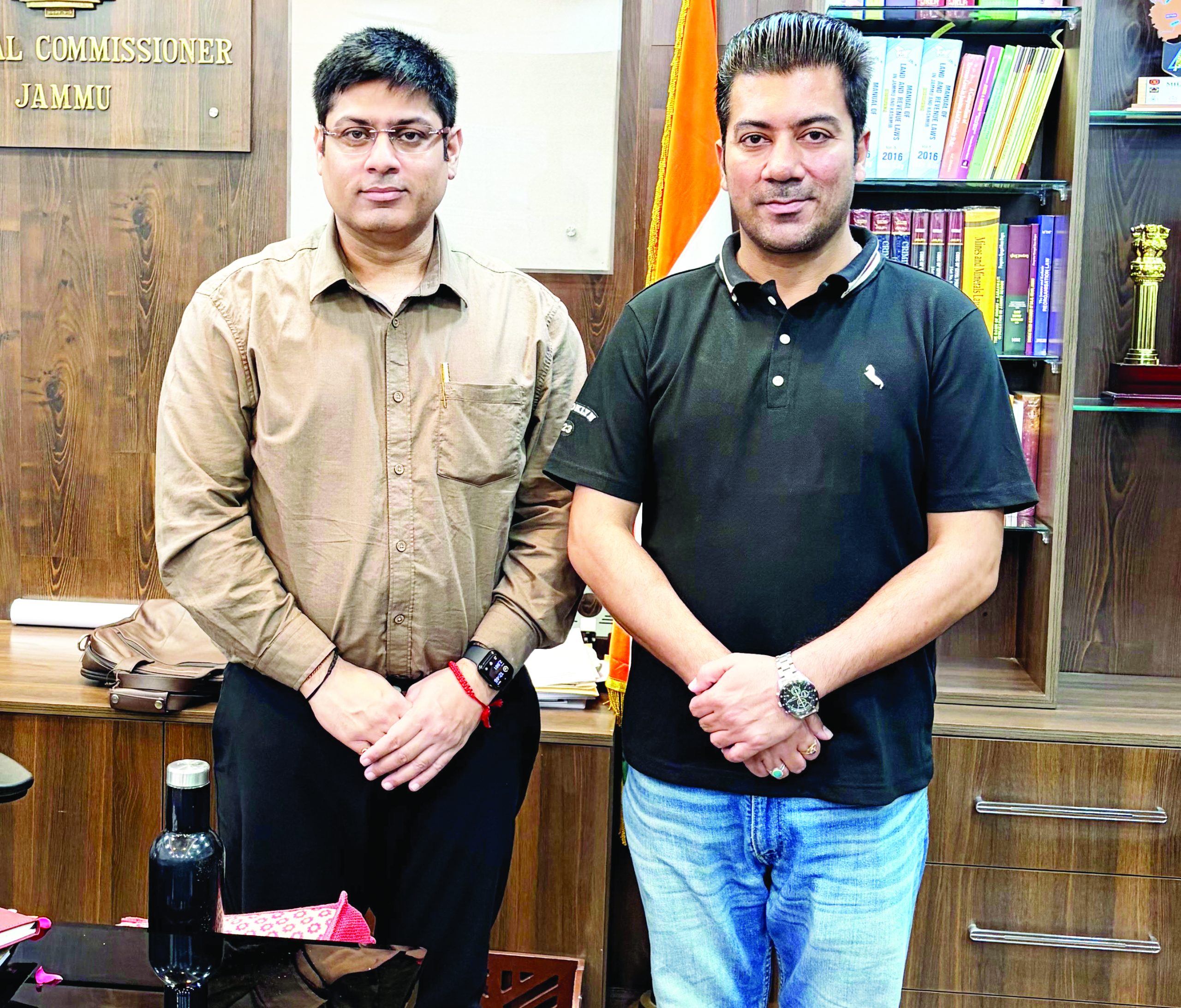 Abhinav Anand congratulates Vikas Kundal on assuming charge as Div Com Jammu