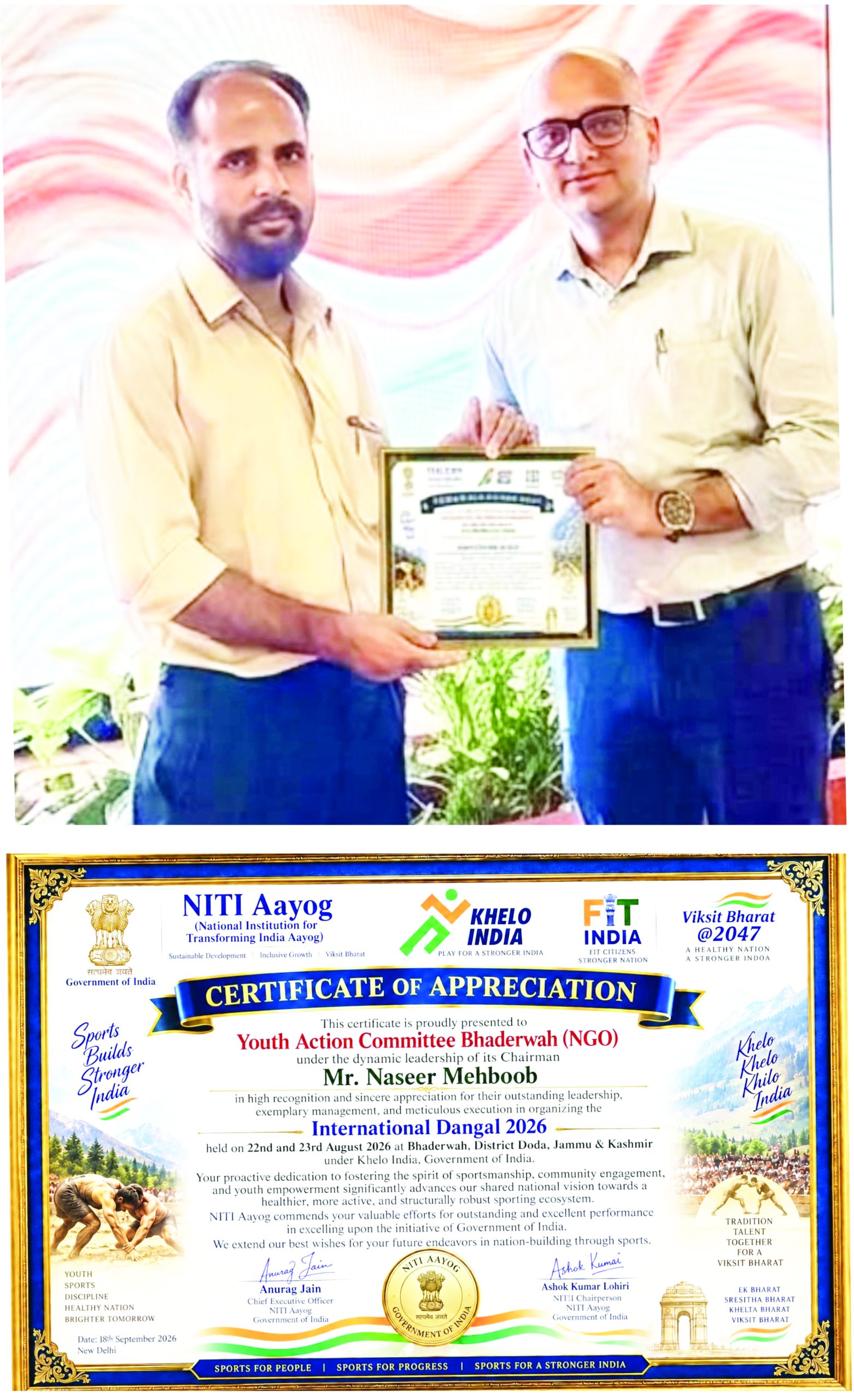 NITI Aayog honours Bhaderwah NGO with Certificate of Appreciation for International Dangal 2026
